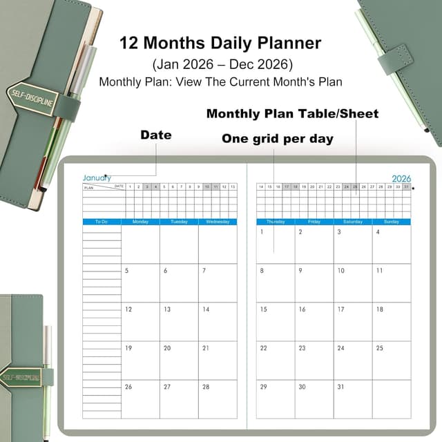 Detalle de Mljtoyo A5-Tagesplaner 2026 (Tag pro Seite) – Produktivitätstagebuch von Januar bis Dezember in Hellgrün