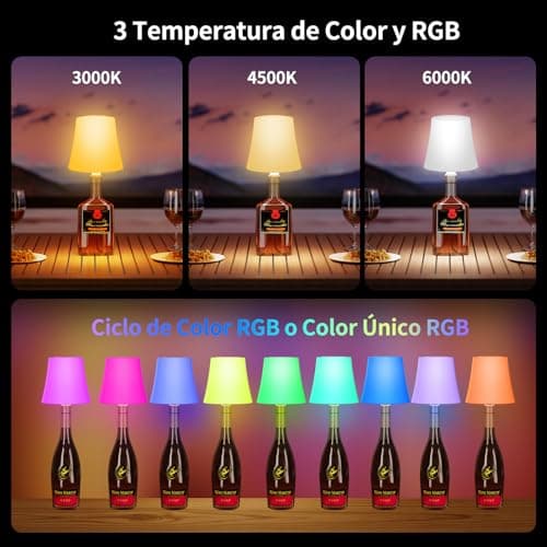 Detalle de Suright Lámpara de Mesa Inalámbrica recargable para botella (sin incluir botellas) con 3 temperaturas CCT y RGB ajustable, IP54