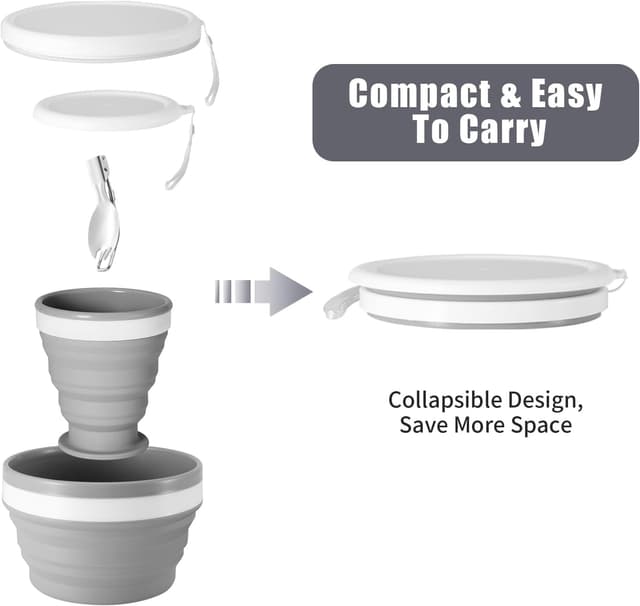 Detalle de Odoland set stoviglie da campeggio per 1 persona con ciotola pieghevole in silicone, tazza con coperchio e cucchiaio in acciaio