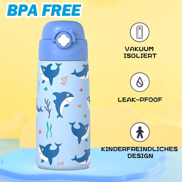 Detalle de Kinder-Trinkflasche Ntswasd Edelstahl 500 ml mit Strohhalm & Thermo-Isolierung (BPA-frei) – Auslaufsicher für Schule & Kindergarten