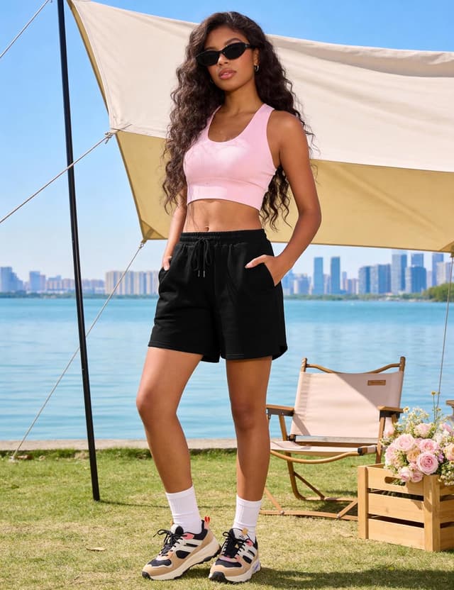 Detalle 2 de Litherday Shorts de sport femme en coton élastique à taille réglable et poches – Noir XL