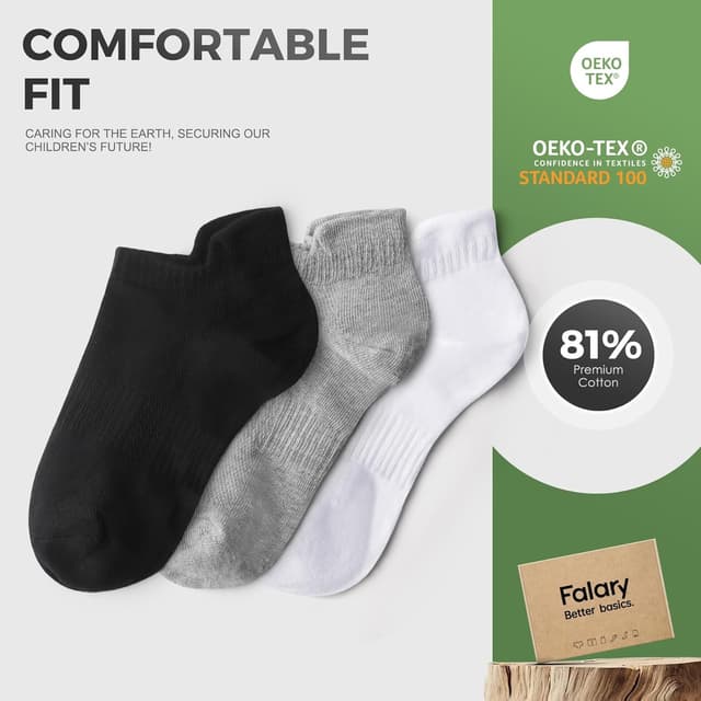 Detalle de FALARY 10 Pairs Trainer Socks (White & Black) – Breathable Cotton Ankle Socks for Running, Sports & Everyday Wear