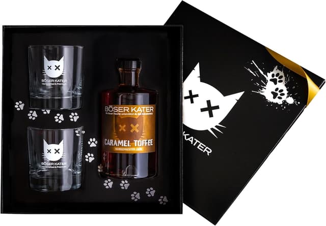 Detalle de BÖSER KATER Caramel Toffee Likör Geschenkset (0,5 l, 20 % Vol.) mit 2 Gläsern