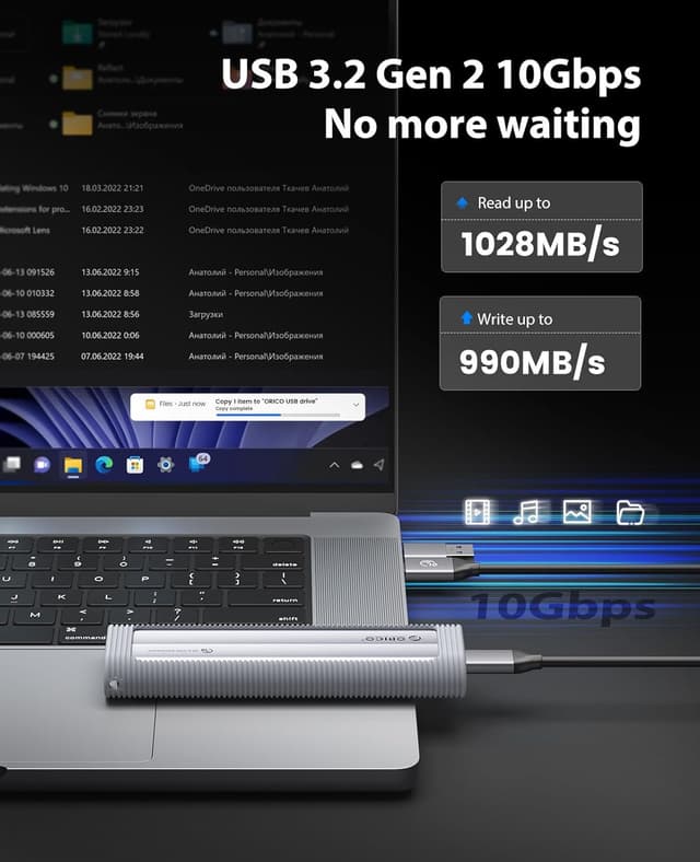 Detalle de ORICO Boîtier SSD M.2 NVMe sans outil AXM2 (USB 3.2 10Gbps) avec protection silicone et dragonne
