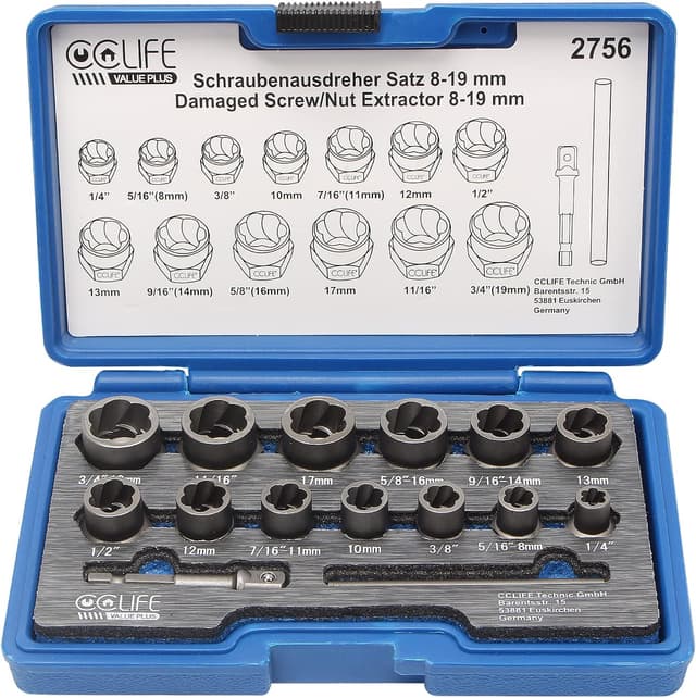 Detalle de CCLIFE coffret 15 douilles extracteurs pour boulons et écrous endommagés (Cr-Mo, 8 à 19 mm) entraînement carré 3/8