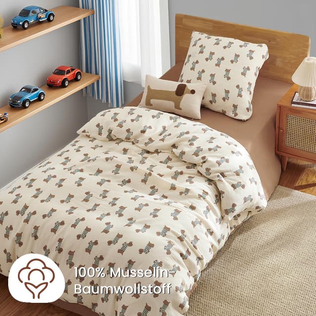 Detalle 2 de AShanlan Kinderbettwäsche 135x200 Musselin-Baumwolle mit Kissenbezug 80x80 (Dackel, Reißverschluss) Oeko-TEX