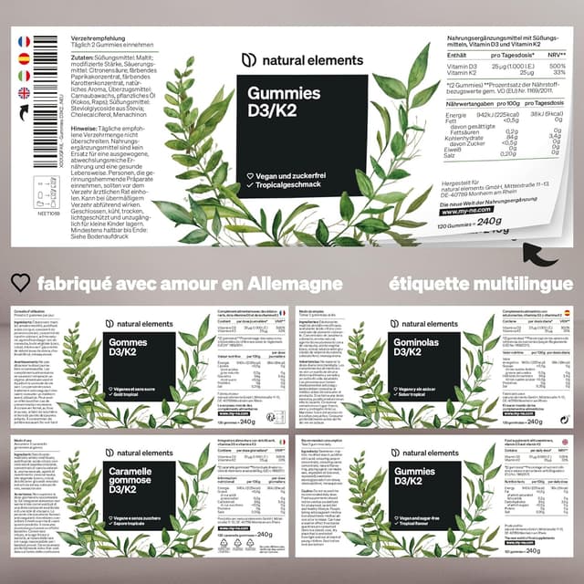 Detalle de Gommes D3 & K2 1 000 U.I. (120 gummies) – goût tropical, véganes et sans sucre