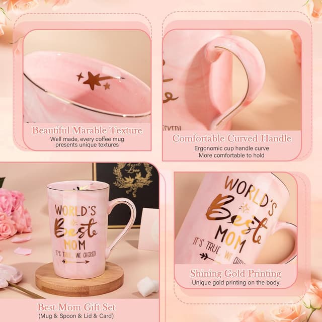 Detalle 2 de Mothers Day Birthday Gifts for Mom from Daughter Son – 14oz Funny “World’s Best Mom” Mug Set in Pink Marble with Gold Print (Gift Boxed Set)