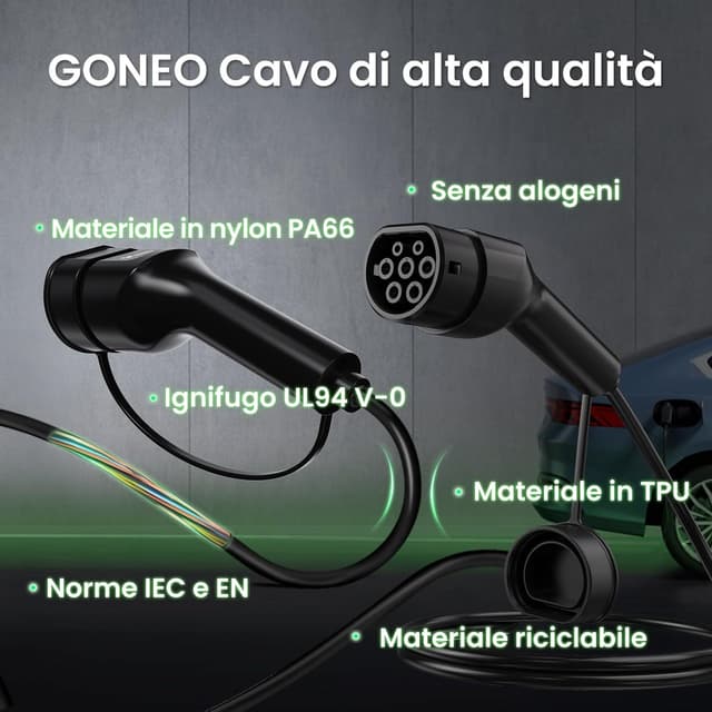 Thumbnail 6 de GONEO Tipo 2 cavo di ricarica 7,2kW 10 m, 32A monofase, modalità 3 (con custodia per trasporto)