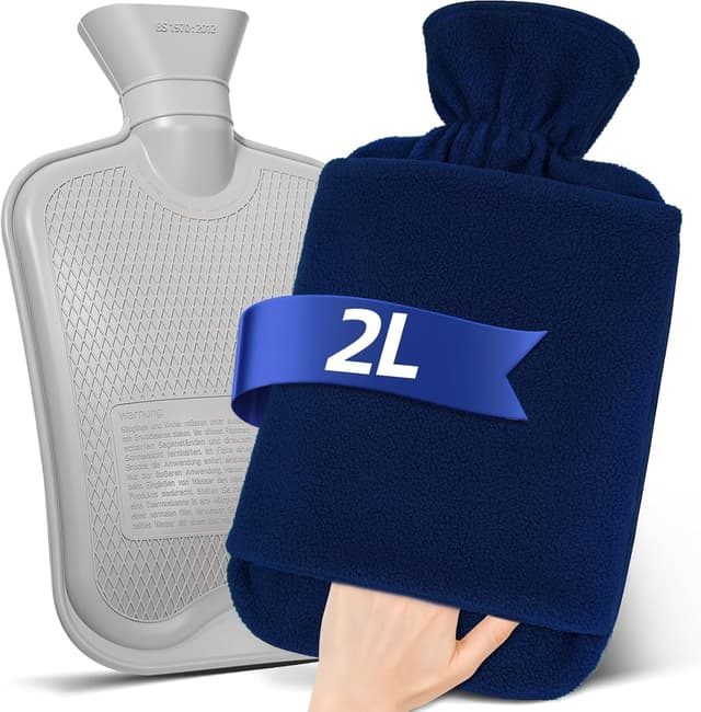 Detalle de MUPAS 2L Hot Water Bottle with Fleece Cover and Hand Pocket (Blue) — leakproof warm bag