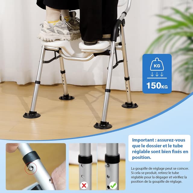 Detalle 2 de DEWEL Chaise de douche pliable avec dossier et accoudoir, hauteur réglable (jusqu’à 150 kg), gris