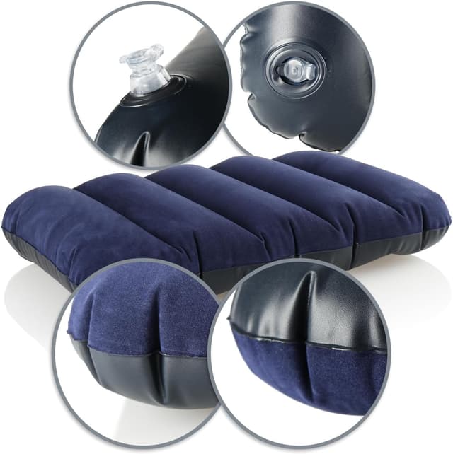 Detalle 2 de com-four 2X aufblasbares Reisekissen (43 x 28 x 9 cm) für Auto, Zug, Bus & Camping – blau