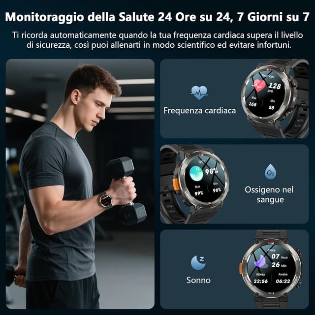 Detalle de IOWODO Smartwatch Uomo Militare 1.45" con chiamate Bluetooth, bussola e torcia LED, IP68
