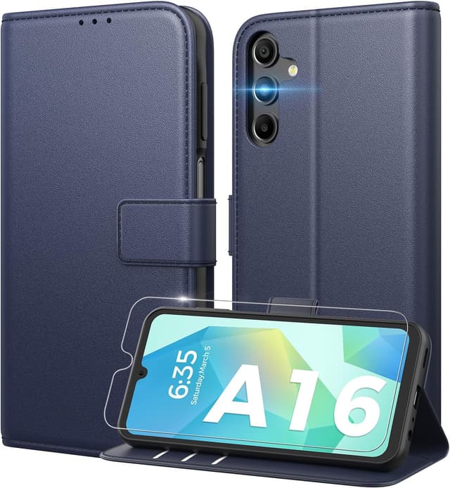 Detalle de Peakally Handyhülle für Samsung Galaxy A16 5G / A16 4G mit Panzer-Schutzglas, RFID-Blockierung und Kartenfach – Blau