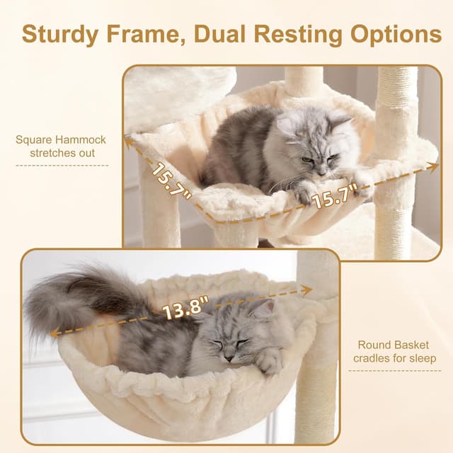 Detalle de Heybly Kratzbaum Groß (193 cm) – mit 2 Katzenhäuschen, Hängematte, Korb und 10 Sisal-Kratzstämmen, Beige HCT039M