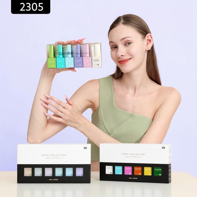 Detalle de CANNI 6Pcs 9ml Hema-Free Gel Nail Polish Set (Green, Blue, Purple, Pink, Milky White) — LED Soak-Off DIY Kit