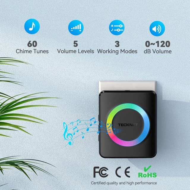 Detalle 2 de TECKNET Wireless Doorbell with 2 Receivers (1300ft) – IP65 Waterproof Plug-in Doorbell, 120dB Loud, RGB Light