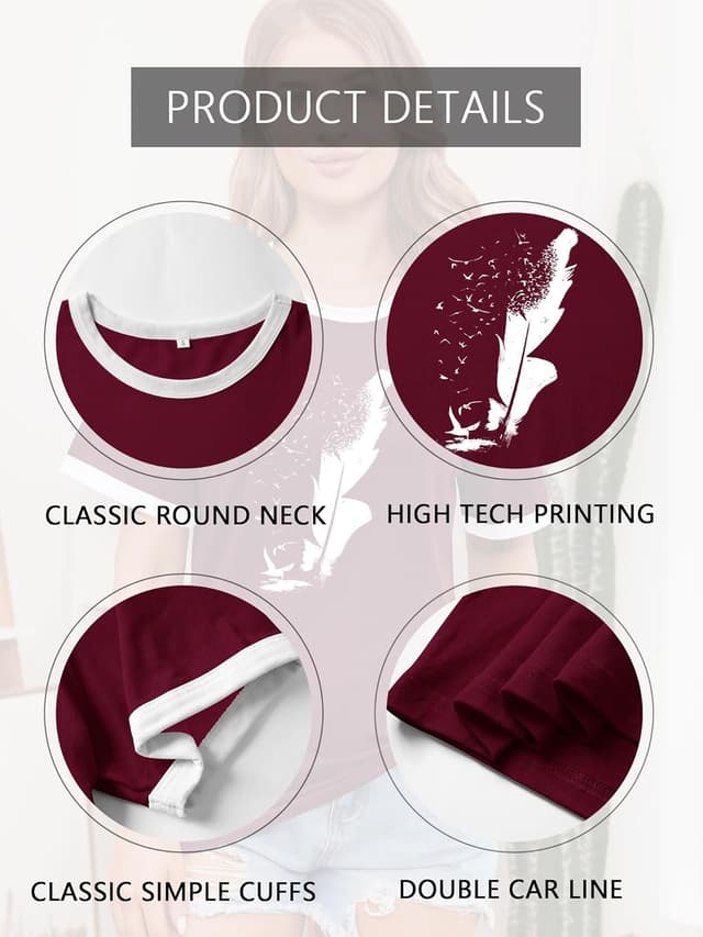 Detalle de Dresswel Women Peace Dove Feather Graphic Print T-Shirt (Crew Neck, Short Sleeve)