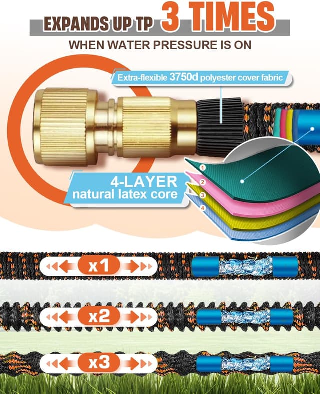 Detalle de 150FT Expandable Garden Hose (45M) with 10-Pattern Spray Nozzle, Leak-Proof Flexible Hose Pipe, Kink-Free 4-Layer Latex Core, Orange