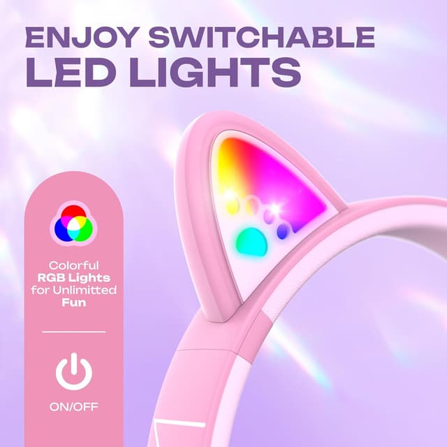 Detalle de PowerLocus Bluetooth Kinderkopfhörer Over Ear mit Lautstärkebegrenzung (74/85/94 dB), LED & Mikrofon, faltbar (Lila/Rosa)