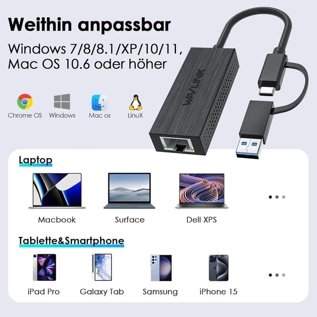 Detalle de WAVLINK USB‑C zu 2,5G Ethernet Adapter (RJ45) – USB‑A & USB‑C LAN, für Windows & macOS