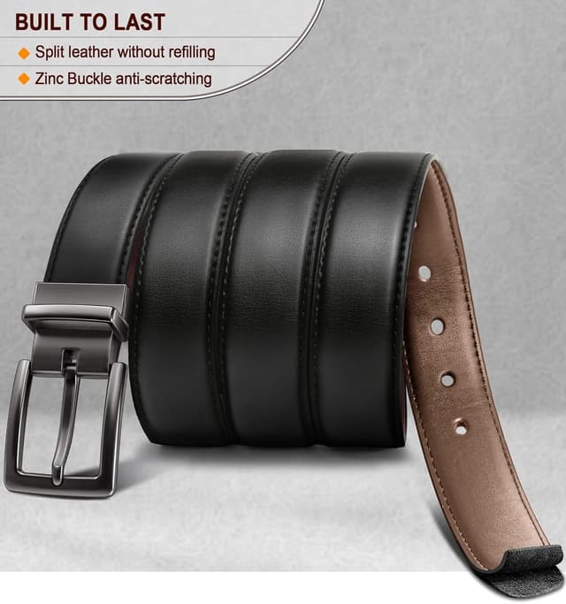 Detalle de BULLIANT Men’s Reversible Leather Belt (1 1/4") – Black & Brown, Adjustable Fit