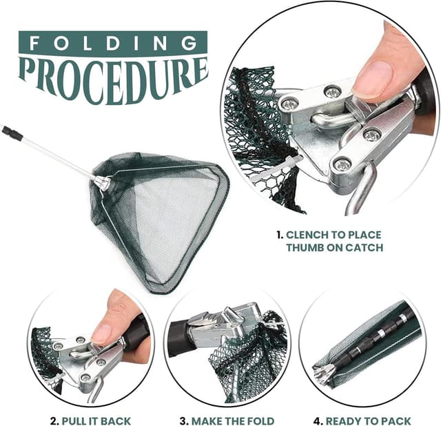 Detalle de KK'S GLAMS Telescope Fishing Landing Net (Foldable 1.5m Aluminium Pole, 43cm Net) — Silver & Green