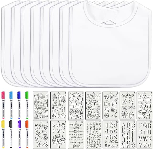 Detalle de Vicloon Bambino set bavaglini bianchi fai da te con stencil e pennarelli per stoffa (29/30/12 pz) per baby shower e ricordi