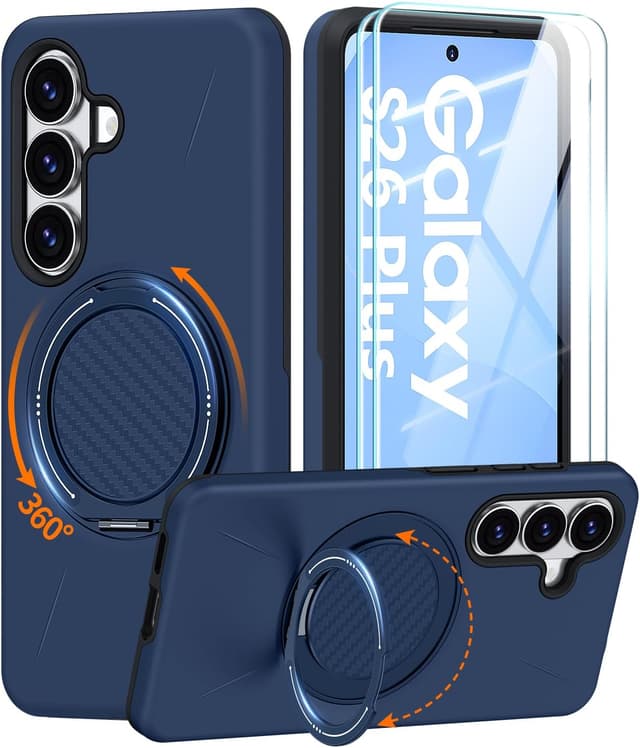 Detalle de AOUIA Galaxy S26 Plus case with 2-pack screen protectors and 360° rotating kickstand (Blue)