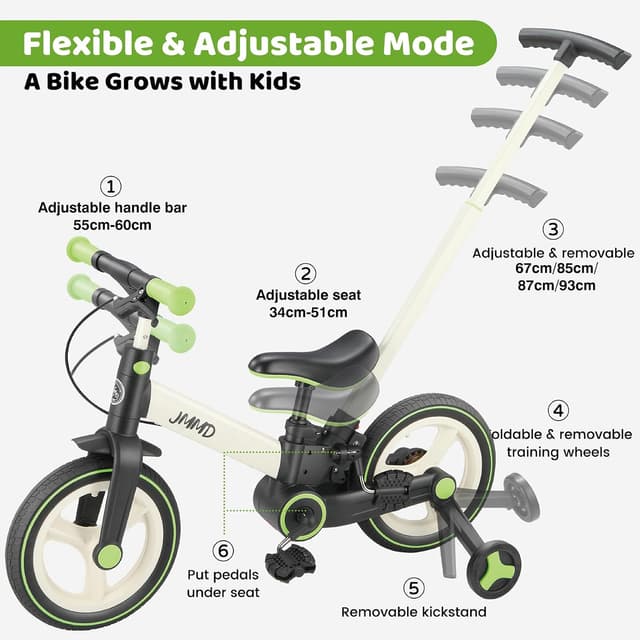 Detalle 2 de JMMD 6-in-1 Toddler Bike with Training Wheels and Pedals (12 inch, foldable) for ages 18 months–5 years