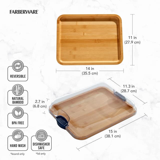 Thumbnail 4 de FARBERWARE Build-A-Board Bamboo Cutting Board with Built-in Compartments, Clear Locking Lid & Navy Handles ⚙
