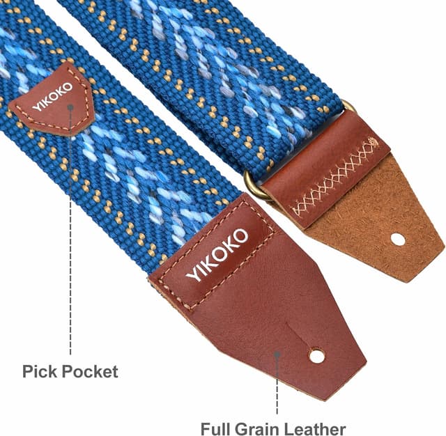 Detalle de YIKOKO Gitarrengurt 5,1 cm aus Baumwolle mit Vollnarbenlederenden – für Bass, E‑Gitarre und Akustik