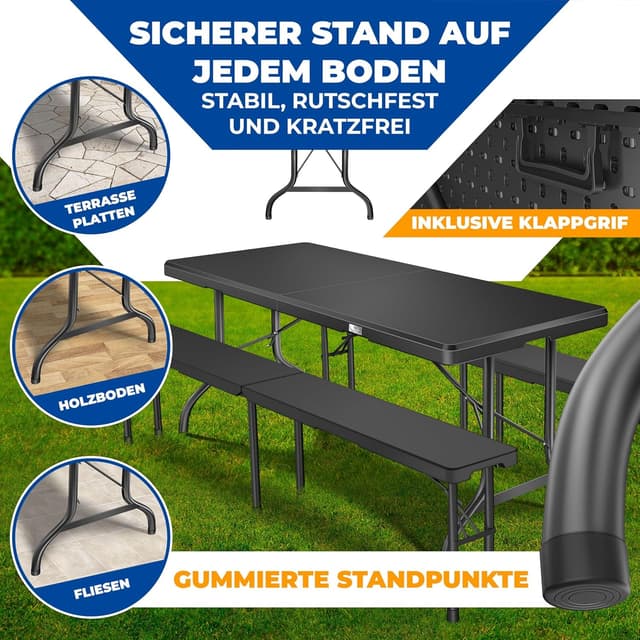 Detalle de KESSER® Buffettisch klappbar aus Kunststoff, 220 x 68 cm – Campingtisch für bis zu 6 Personen inkl. Cover & Tragegriff (Anthrazit)