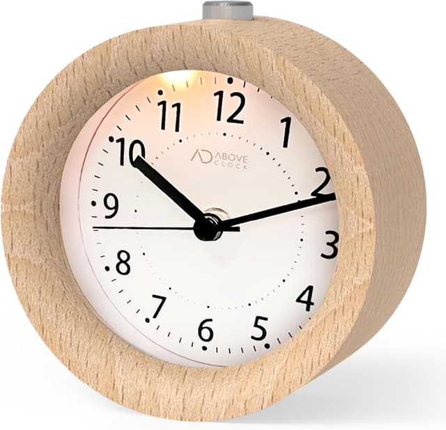 Detalle de aboveClock Analog-Wecker aus Holz ohne Ticken mit Snooze und Nachtlicht (Naturholz hellbraun)