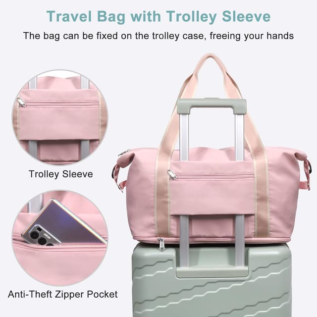 Detalle 2 de DMLuna Travel Duffel Bag Rose Gold – expandable weekender with trolley sleeve and dry/wet pocket