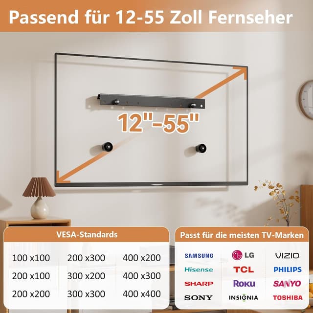 Detalle de Ständerlose TV-Wandhalterung (ohne Bohren) für 12–55 Zoll, neigbar bis 5° – VESA bis 400 x 400 mm, bis 45 kg