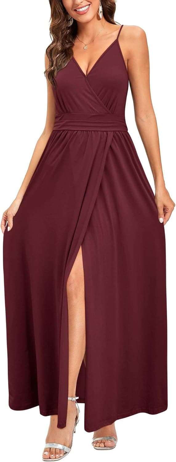 Detalle de Newshows Sommerkleid Damen Lang Maxikleid mit V-Ausschnitt, Spaghettiträgern & Schlitz