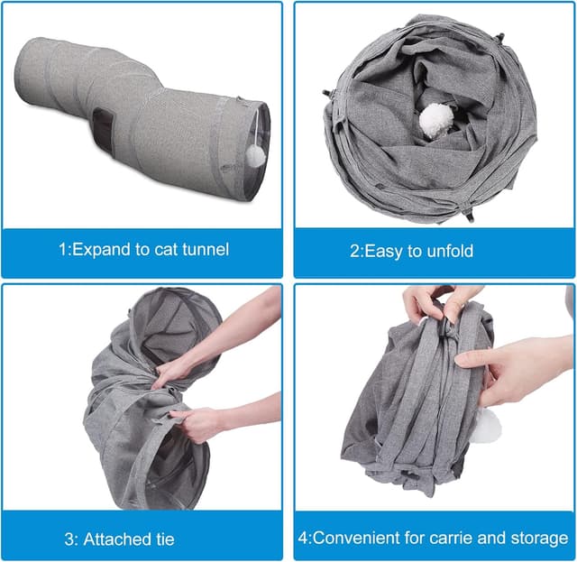 Detalle de Ownpets Cat Tunnel S-Shape with Hanging Balls (25 x 120cm) – Foldable Oxford Play Tube for Indoor Kittens