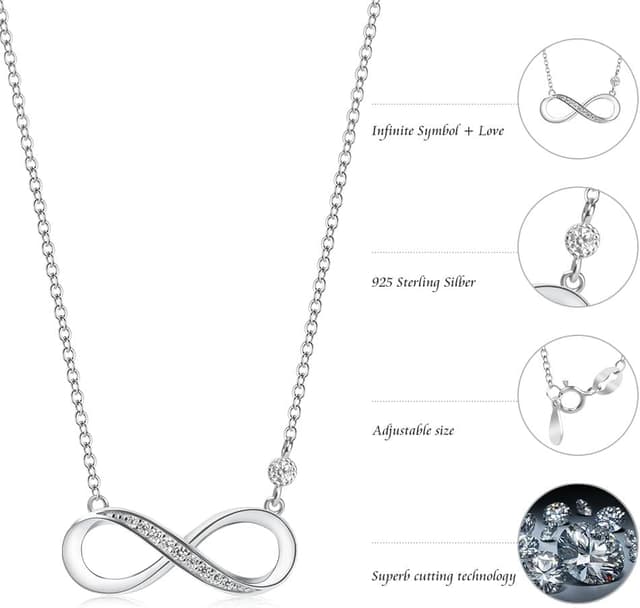 Detalle 2 de Aucuu Damen-Halskette Infinity aus 925er Sterlingsilber mit Zirkonia – verstellbare Freundschaftskette