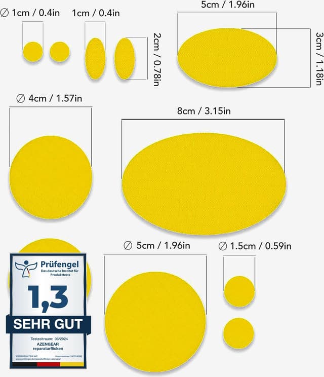 Detalle de aZengear Reparaturflicken-Set (11 Stück, Gelb) für Daunenjacken, Zelte, Schuhe & Polster – selbstklebend, wasserdicht