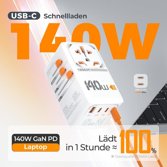 Detalle de TESSAN 140W GaN Reiseadapter weltweit – 3× USB‑C (140W) + 1× USB‑A (18W) und Universalsteckdose
