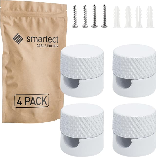 Detalle de smartect Aluminium Wand- und Deckenpins für Textilkabel (4 Stück, geriffelt, weiß) – Aufputz-Kabelhalter zum Schrauben