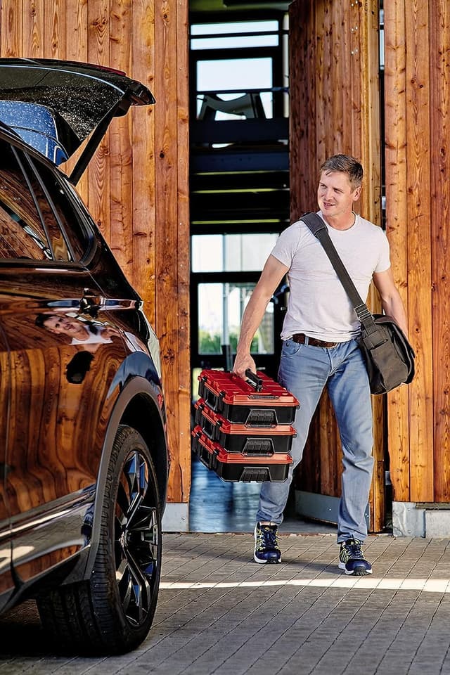 Detalle de Einhell E-Case S-F Systemkoffer (E-Case S-F) – stapelbar, spritzwassergeschützt, inkl. Rasterschaumstoff