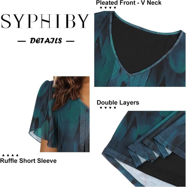 Detalle de ACDAY V-neck ruffle short sleeve chiffon-style blouse with double-layer mesh tunic design for women