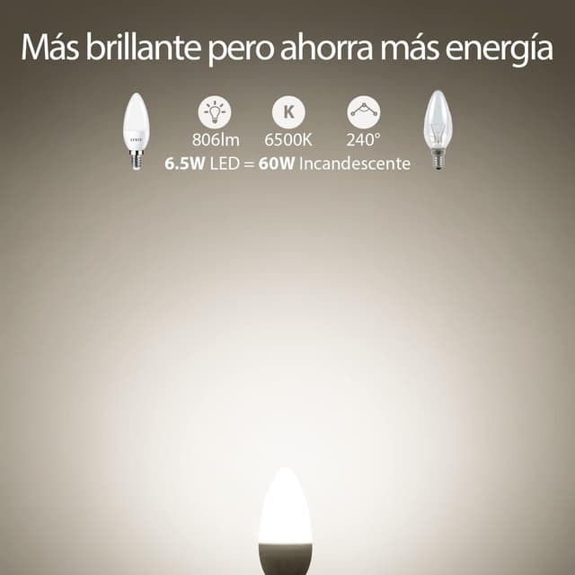 Detalle de LVWIT Pack 6 Bombillas LED Vela E14 💡 40W equivalente, 6500K