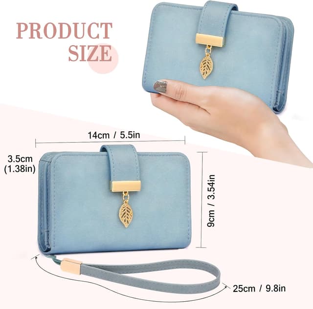 Detalle de Faneam Ladies Purse RFID Blocking Leather Wallet with Wrist Strap and 14 Card Slots
