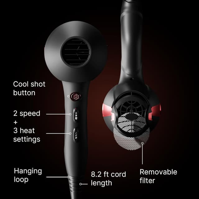 Detalle de TREZORO Professional Hair Dryer (2000W) with Ionic Ceramic Tourmaline + Narrow/Wide Concentrator Nozzles, 3 Heat & 2 Speed Settings