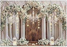 Detalle de Luminora 7x5ft Vintage Floral Wedding Backdrop (White Roses, Chandeliers & Rustic Wood)