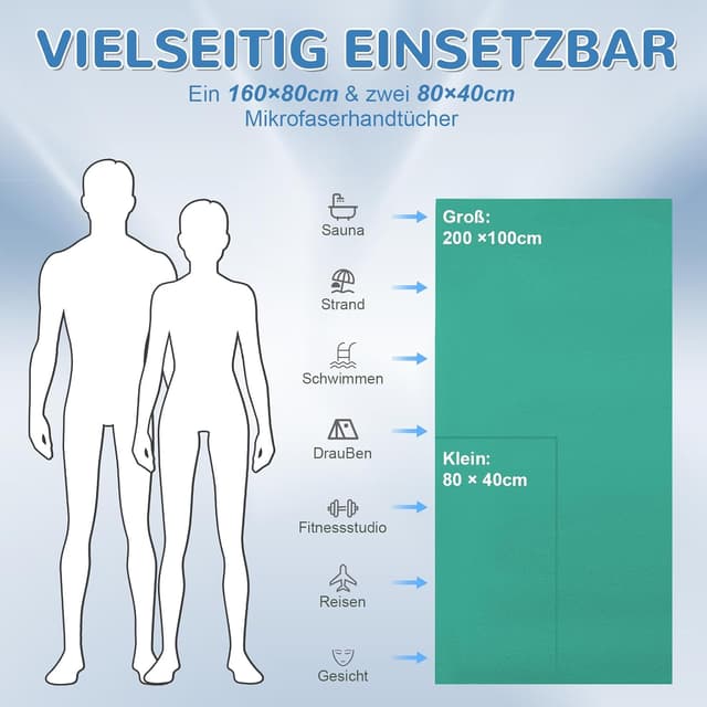 Detalle de Mikrofaser Handtuch 3er Set (200×100 cm + 2×80×40 cm) – schnelltrocknendes Sport-, Reise- und Strandtuch in Grasgrün