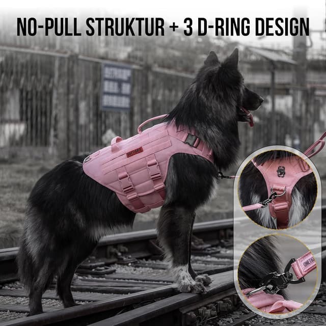 Detalle 2 de OneTigris Harnais pour chien X Destroyer Tactical réglable anti-traction, anti-fugue avec 3 poignées, 2 boucles en métal (rose, XL)